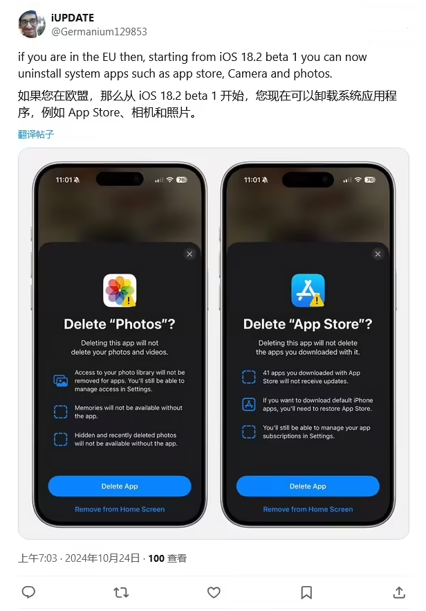 清丰苹果手机维修分享iOS 18.2 支持删除 App Store 应用商店 