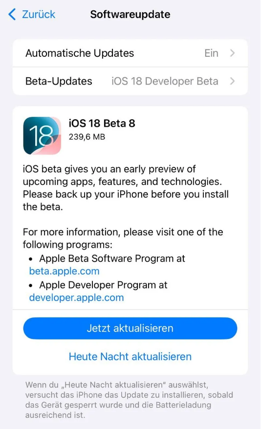 清丰苹果手机维修分享苹果 iOS / iPadOS 18 开发者预览版 Beta 8 发布 